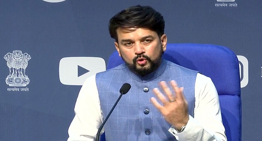 New Delhi, May 13 (ANI): Minister of State for Finance Anurag Thakur briefs the media on Economic package, in New Delhi on Wednesday. (ANI Photo)