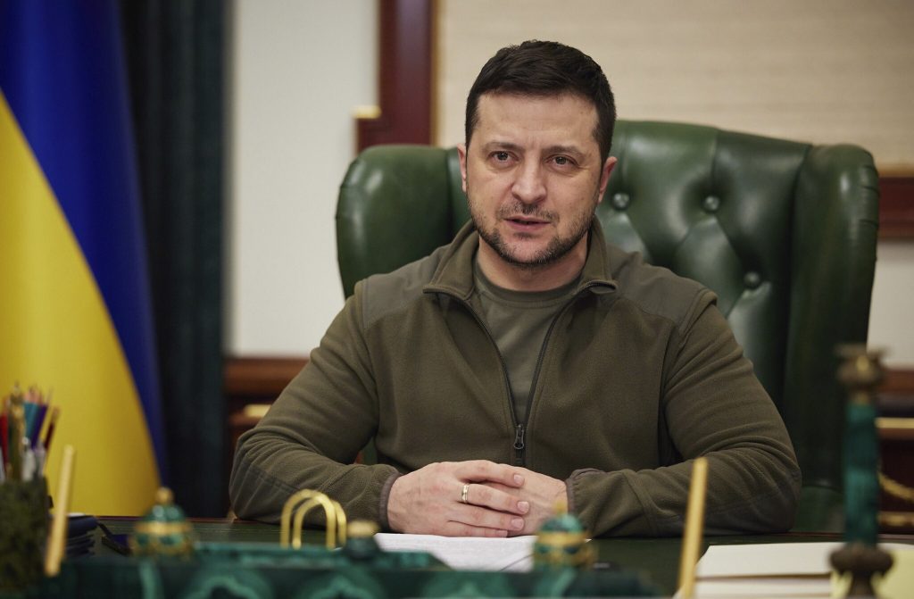 In this photo provided by the Ukrainian Presidential Press Office, Ukrainian President Volodymyr Zelenskyy addresses the nation in Kyiv, Ukraine, late Monday, March 7, 2022. (Ukrainian Presidential Press Office via AP)