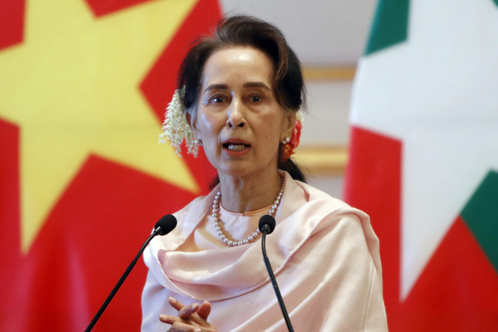 FILE - In this Dec. 17, 2019, file photo, Myanmar's leader Aung San Suu Kyi speaks during a joint press conference with Vietnam's Prime Minister Nguyen Xuan Phuc after their meeting at the Presidential Palace in Naypyitaw, Myanmar. Reports says Monday, Feb. 1, 2021 a military coup has taken place in Myanmar and Suu Kyi has been detained under house arrest. (AP Photo/Aung Shine Oo, File)