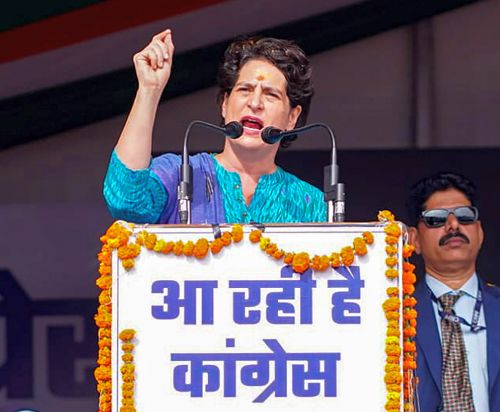 Kangra: Congress National General Secretary Priyanka Gandhi Vadra addresses during a public meeting ahead of Himachal Pradesh Assembly polls, in Kangra, Friday, Nov. 4, 2022. (PTI Photo)(PTI11_04_2022_000140B)