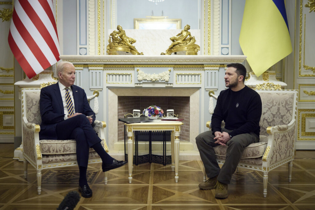 In this photo provided by the Ukrainian Presidential Press Office on Monday, Feb. 20, 2023, Ukrainian President Volodymyr Zelenskyy, right, and U.S. President Joe Biden speak at Mariinsky Palace during their meeting in Kyiv, Ukraine. Biden has made an unannounced visit to Ukraine to meet with President Volodymyr Zelenskyy. Monday's visit is a gesture of solidarity that comes days before the one-year anniversary of Russia’s invasion of the country. (Ukrainian Presidential Press Office via AP)