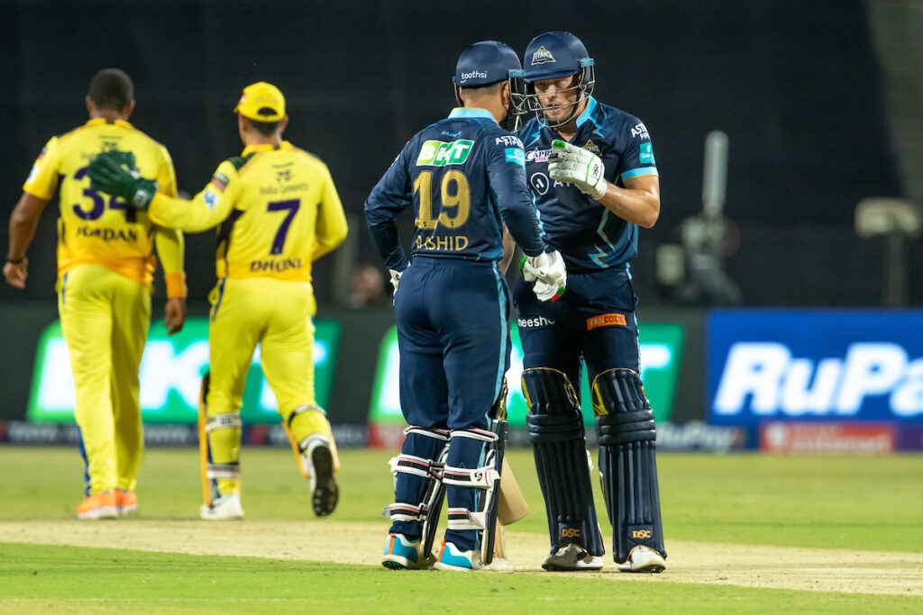 David Miller of Gujarat Titans and Rashid Khan of Gujarat Titans during match 29 of the TATA Indian Premier League 2022 (IPL season 15) between the Gujarat Titans and the Chennai Superkings held at the MCA International Stadium in Pune on the 17th April 2022

Photo by Vipin Pawar / Sportzpics for IPL