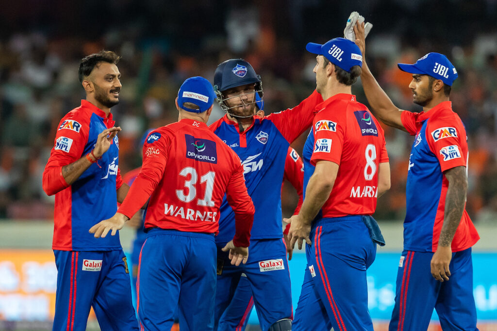 Axar Patel of Delhi Capitals celebrates the wicket of Mayank Agarwal of Sunrisers Hyderabad during match 34 of the Tata Indian Premier League between the Sunrisers Hyderabad and the Deli Capitals held at the Rajiv Gandhi International Stadium, Hyderabad on the 24th April 2023

Photo by: Faheem Hussain / SPORTZPICS for IPL
