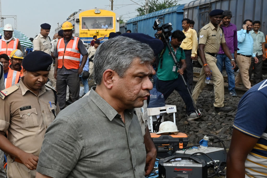 India's Railways Minister Ashwini Vaishnaw arrives at the accident site of a three-train collision near Balasore, about 200 km (125 miles) from the state capital Bhubaneswar in the eastern state of Odisha, on June 3, 2023. At least 288 people were killed and more than 850 injured in a horrific three-train collision in India, officials said on June 3, the country's deadliest rail accident in more than 20 years. (Photo by DIBYANGSHU SARKAR / AFP) (Photo by DIBYANGSHU SARKAR/AFP via Getty Images)