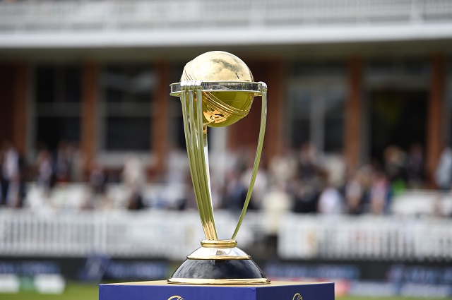 LONDON, ENGLAND - JULY 14: General view of the Cricket World Cup Trophy during the Final of the ICC Cricket World Cup 2019 between New Zealand and England at Lord's Cricket Ground on July 14, 2019 in London, England. (Photo by Gareth Copley-ICC/ICC via Getty Images)