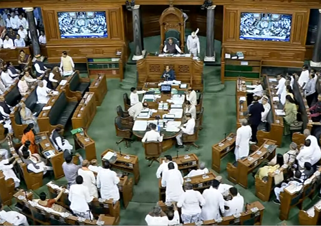 New Delhi: Lok Sabha Speaker Om Birla conducts proceedings in the House during the Monsoon session of Parliament, in New Delhi, Monday, July 24, 2023.(IANS/Sansad Tv)