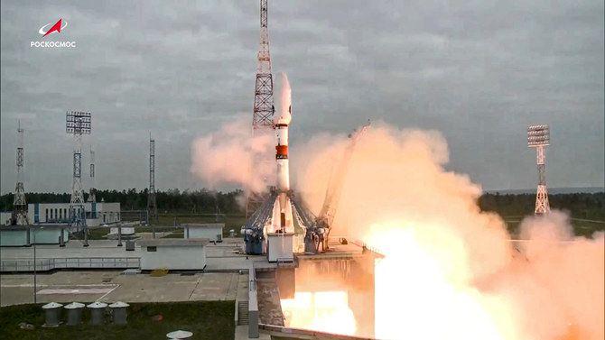 In this photo taken from video and released by Roscosmos State Space Corporation, the Soyuz-2.1b rocket with the moon lander Luna-25 automatic station takes off from a launch pad at the Vostochny Cosmodrome in the Russia's Far East, on Friday, Aug. 11, 2023. The launch of the Luna-25 craft to the moon will be Russia's first since 1976 when it was part of the Soviet Union. The Russian lunar lander is expected to reach the moon on Aug. 23, about the same day as an Indian craft which was launched on July 14. (Roscosmos State Space Corporation via AP)